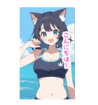 海で遊ぶ水着の猫の女の子BIGスタンプ（個別スタンプ：3）