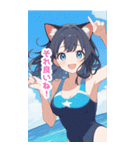 海で遊ぶ水着の猫の女の子BIGスタンプ（個別スタンプ：15）