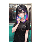 電車に乗る黒Tシャツ女子（個別スタンプ：31）