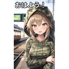 [LINEスタンプ] 迷彩パーカー女子は電車を待つの画像（メイン）