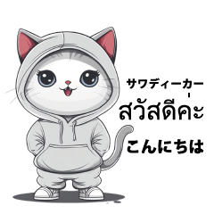 [LINEスタンプ] パーカー猫でタイ語と日本語での日常会話の画像（メイン）